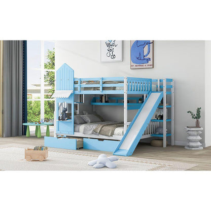 Full-Over-Full Castle Style Bunk Bed with 2 Drawers 3 Shelves and Slide - Blue