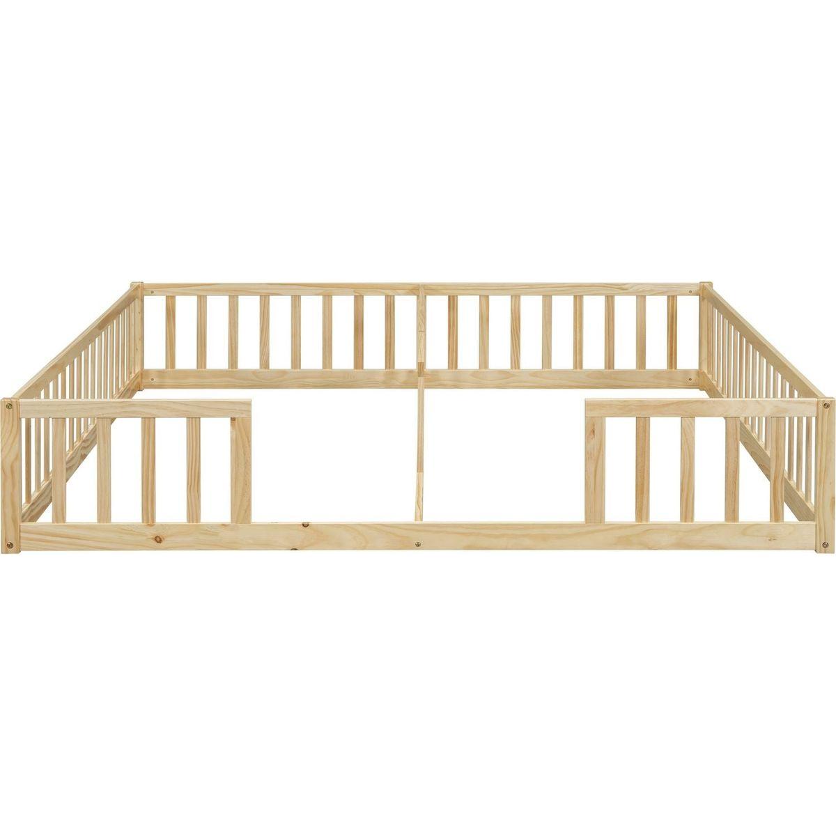 Double Twin Floor Bed with Fence, Guardrails, without door, Natural