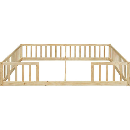 Double Twin Floor Bed with Fence, Guardrails, without door, Natural