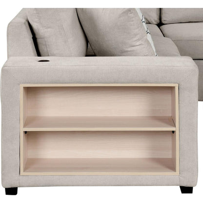 109" U-shaped Sectional Sofa Pull-out Sofa Bed with Two USB Ports, a Storage Chaise Lounge and Four Back Pillows for Living Room, Beige