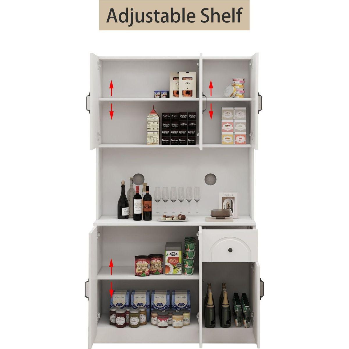 71" Kitchen Pantry Storage Cabinet with Microwave Oven Countertop, Freestanding Hutch Cabinet with Adjustable Shelves, 6 Doors and 1 Drawer-White