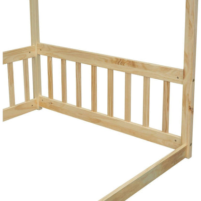 Twin Size Canopy Frame Floor Bed with Fence, Guardrails,Natural