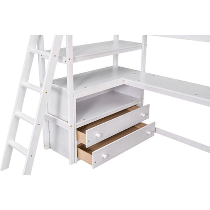 Twin Size Loft Bed with Desk and Shelves, Two Built-in Drawers, White