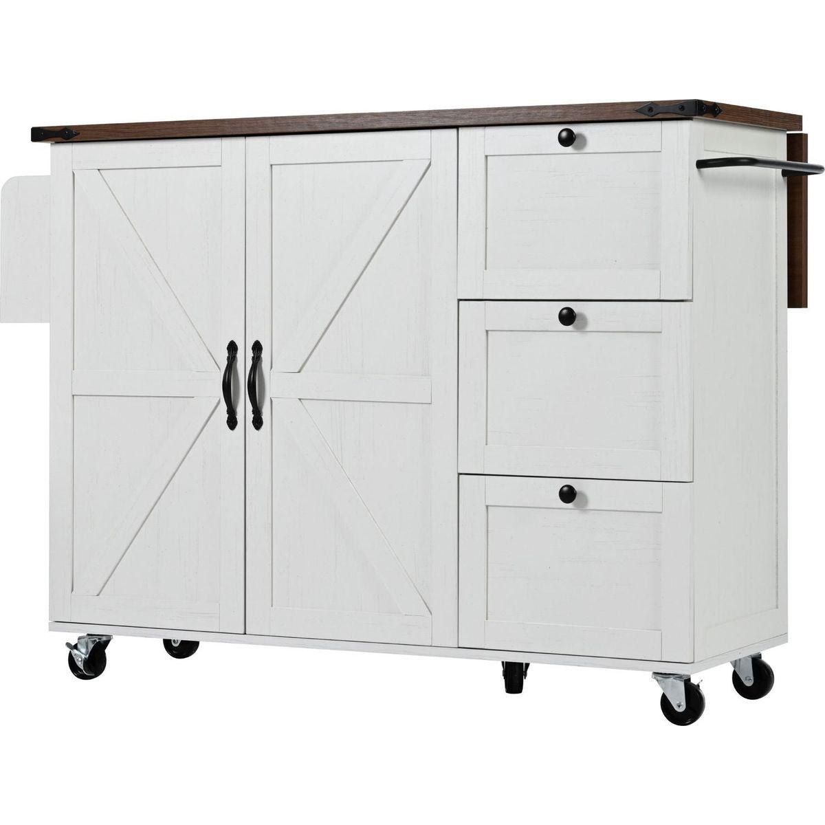 54.5" Farmhouse Kitchen Island with Power Outlet, Kitchen Storage Island with Internal Storage Rack, Drop Leaf, Spice Rack, Rolling Kitchen Cart on Wheels, for Home, Kitchen and Dining Room,White