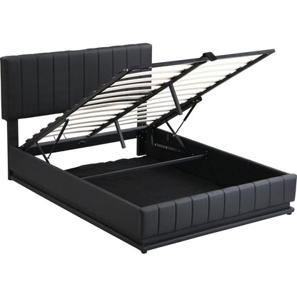Full Size Upholstered Bed with Hydraulic Storage System and LED Light, Modern Platform Bed with Sockets and USB Ports, Black