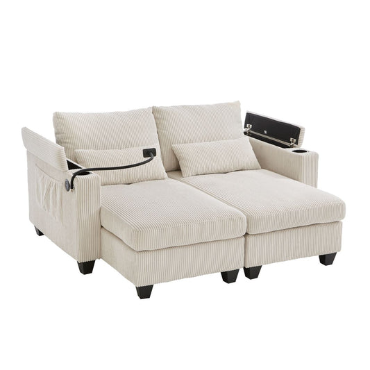 Convertible Chaise Lounge 63' Loveseat Sofa Bed with USB Ports, Cup Holders, Phone Holder, Storage, Beige Corduroy