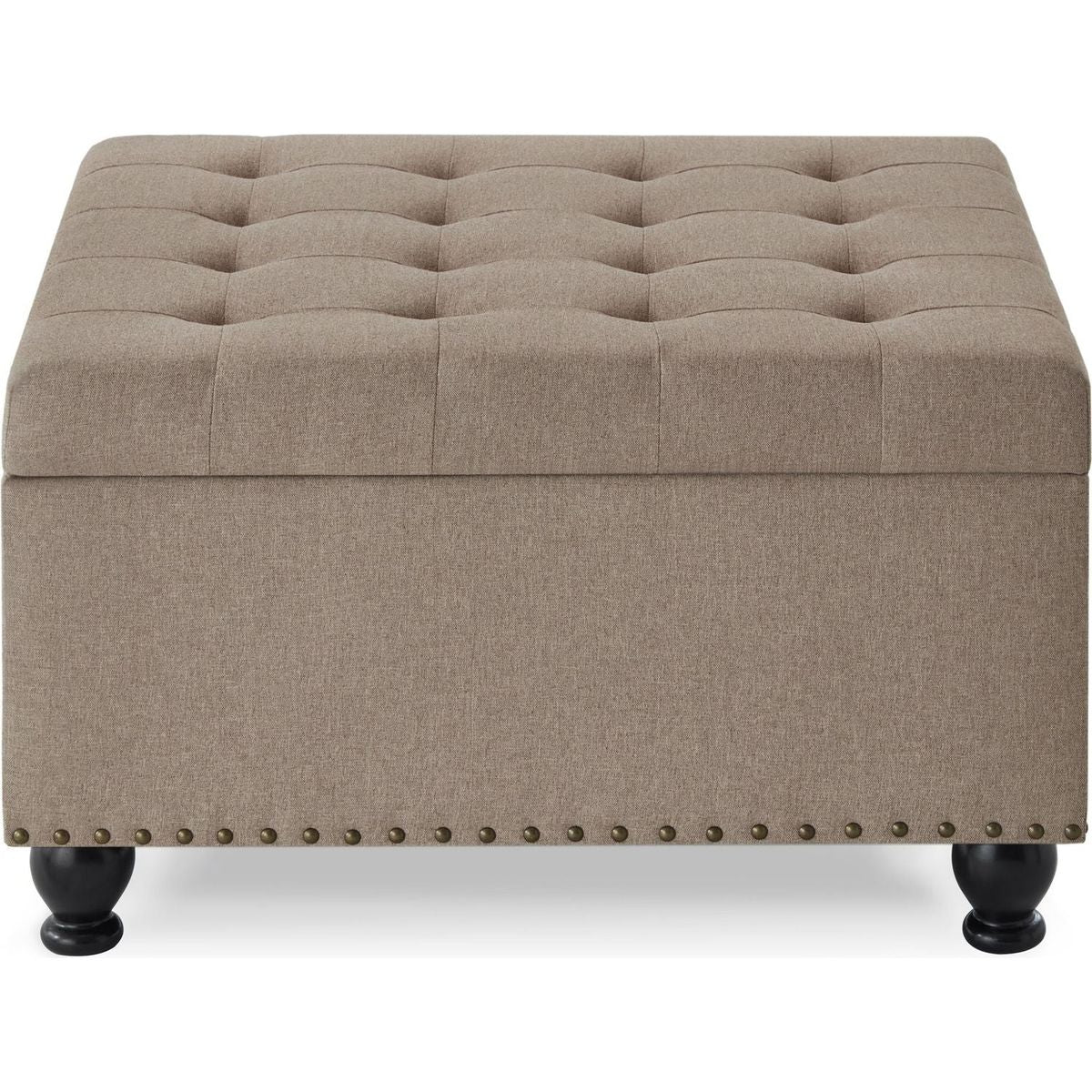 Large square storage ottoman with wooden legs, Upholstered button tufted coffee table with nail trims for for Living Space,Linen