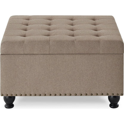 Large square storage ottoman with wooden legs, Upholstered button tufted coffee table with nail trims for for Living Space,Linen
