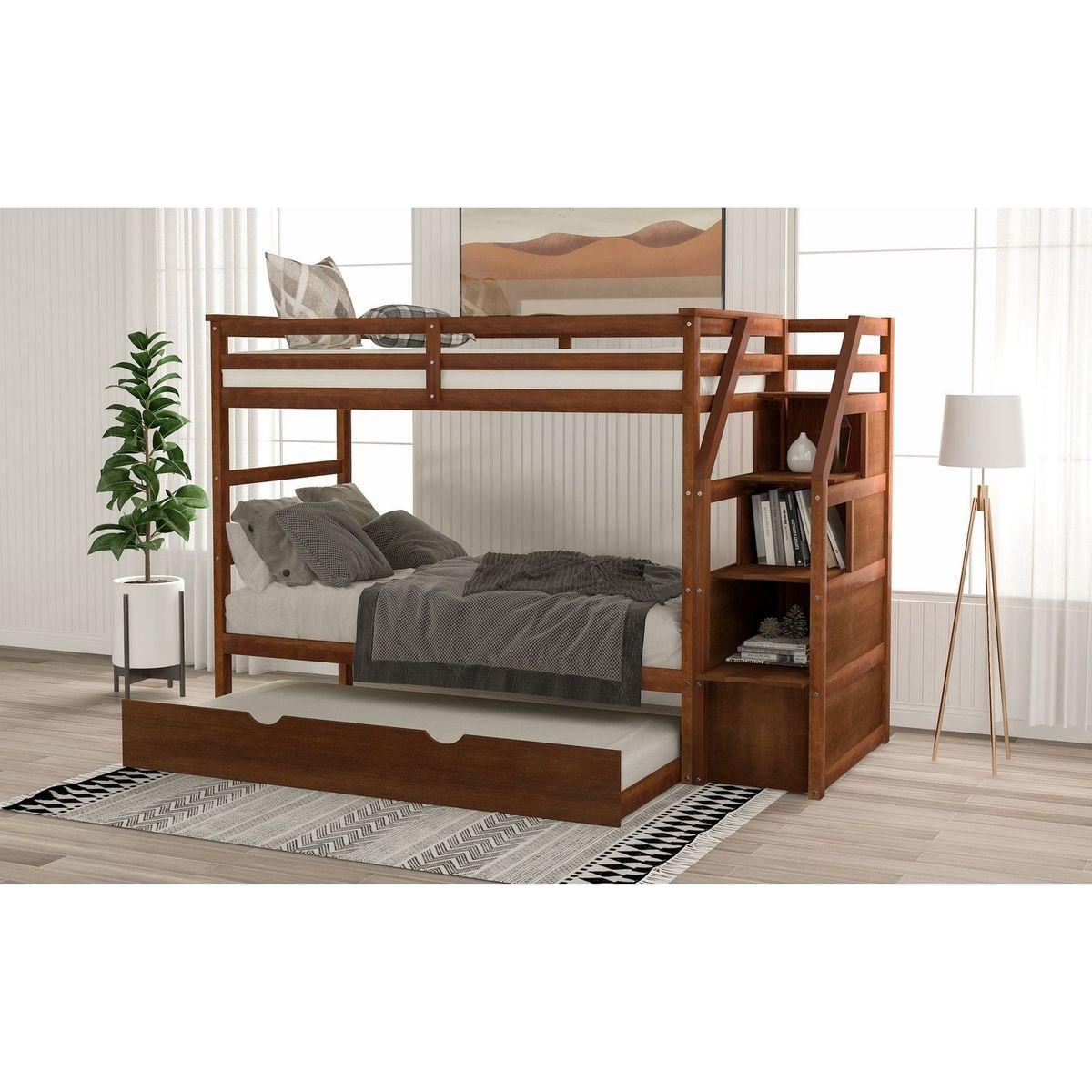 Twin-Over-Twin Bunk Bed with Twin Size Trundle and 3 Storage Stairs,Walnut