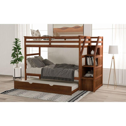 Twin-Over-Twin Bunk Bed with Twin Size Trundle and 3 Storage Stairs,Walnut