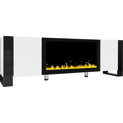 Modern TV Stand with 34.2" Non-heating Electric Fireplace, High Gloss Entertainment Center with 2 Cabinets, Media Console for TVs up to 78", White