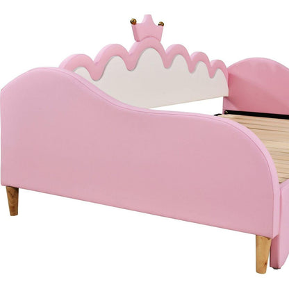 Twin Extending Daybed with LED Lights, Modern Upholstered Princess Daybed With Crown Headboard,Pink