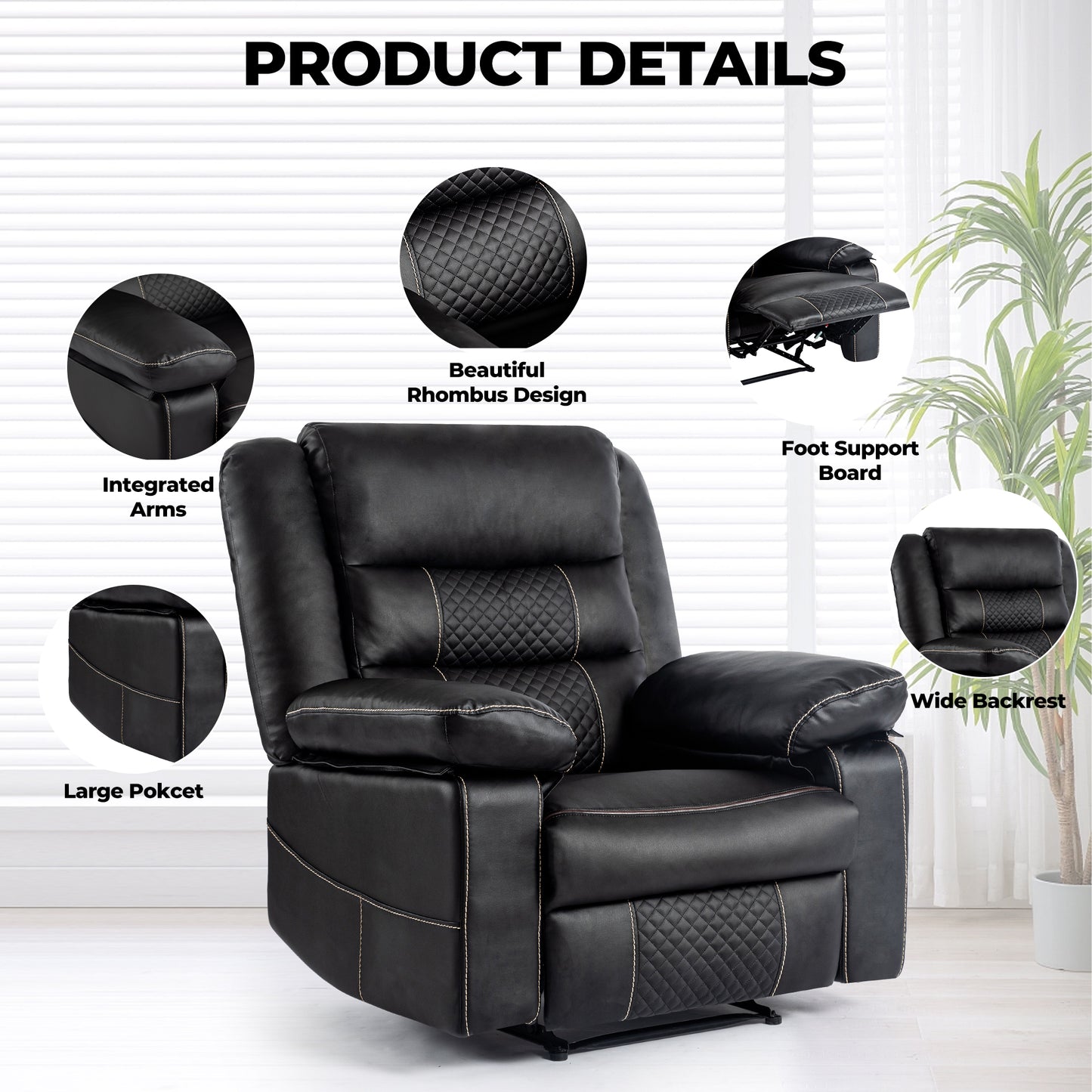 Breathable Leather Massage Recliner Chair, Manual Living Room Reclining Sofa