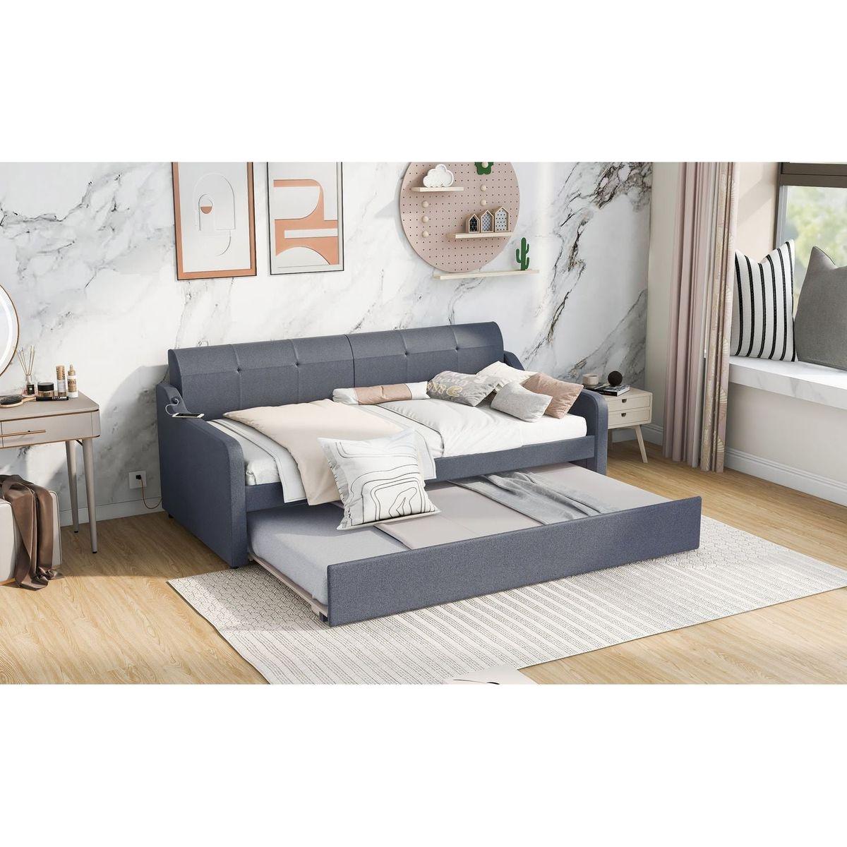 Twin Size Upholstery DayBed with Trundle and USB Charging Design,Trundle can be flat or erected,Gray