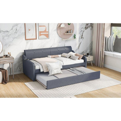 Twin Size Upholstery DayBed with Trundle and USB Charging Design,Trundle can be flat or erected,Gray