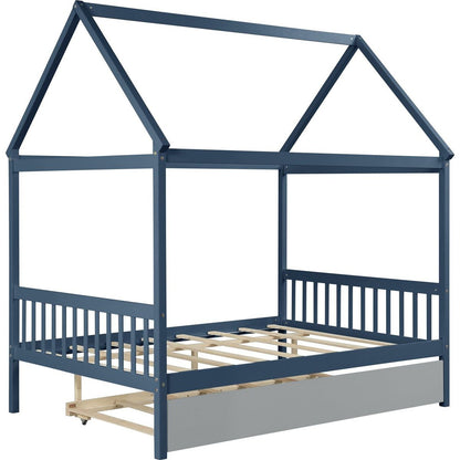 NAVY BLUE HOUSE FULL BED WITH TRUNDLE OF GREY COLOR