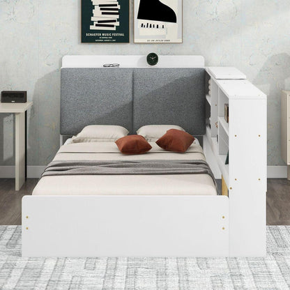 Wood Twin Size platform bed with Storage Headboard, Shelves and 2 Drawers, White