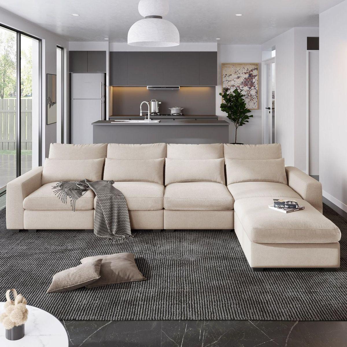 Modern Large L-Shape Feather Filled Sectional Sofa, Convertible Sofa Couch with Reversible Chaise for Living Room