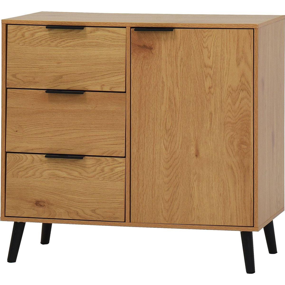 Storage Cabinet with 3 Drawers & Adjustable Shelf, Mid Century Cabinet with Door, Accent Cabinet for Living Room, Home Office, Entryway, Natural Wood Color