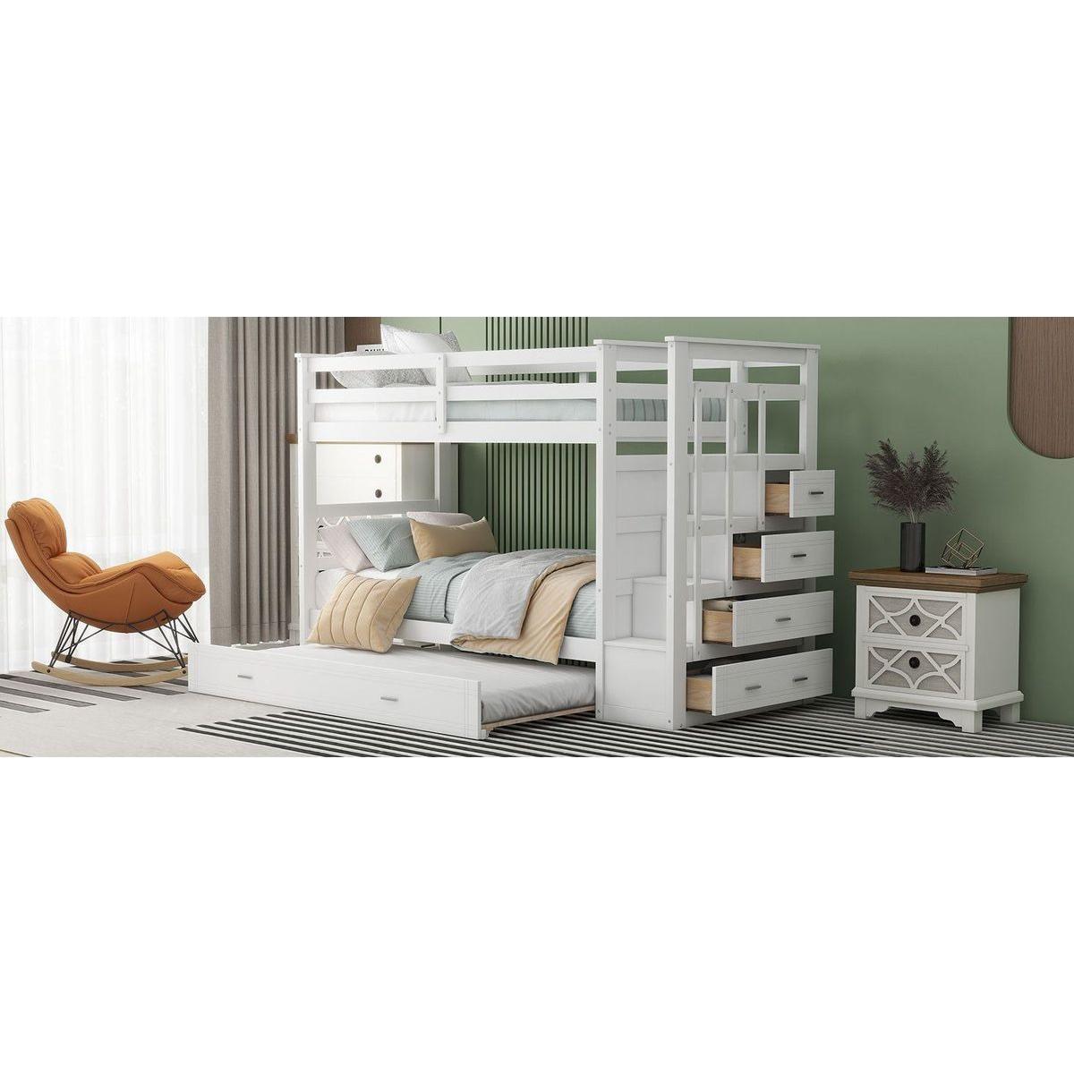 Twin Over Twin Bunk Bed with Trundle and Staircase,White