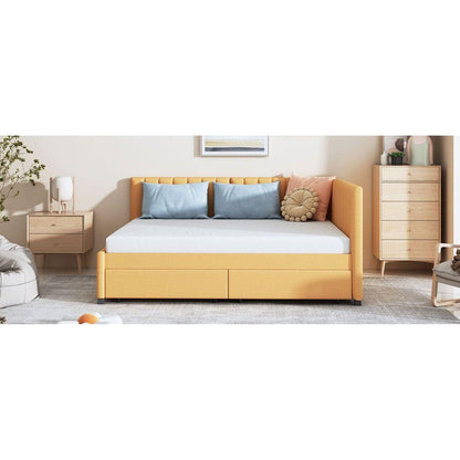 Full Size Upholstered Daybed with 2 Storage Drawers Sofa Bed Frame No Box Spring Needed, Linen Fabric (Yellow)