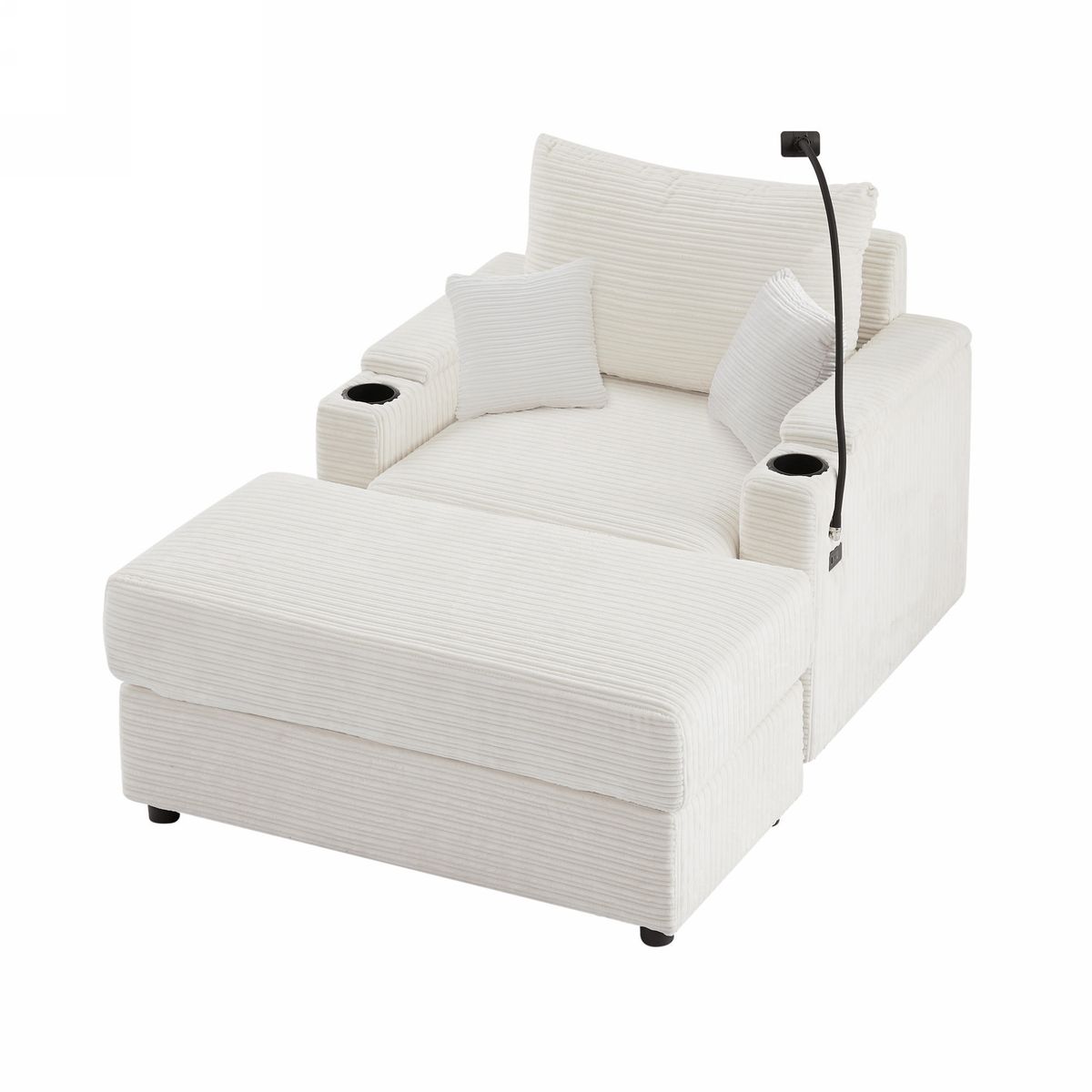 Modern Style Single Sofa with Storage, Movable Ottoman, USB Ports, Cup Holders, Phone Holder, Beige Corduroy, 41.7'