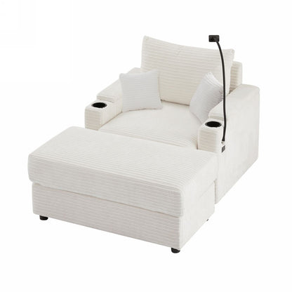 Modern Style Single Sofa with Storage, Movable Ottoman, USB Ports, Cup Holders, Phone Holder, Beige Corduroy, 41.7'