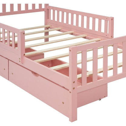 Twin Size Wood Platform Bed with Guardrails on Both Sides and Two Storage Drawers, Pink