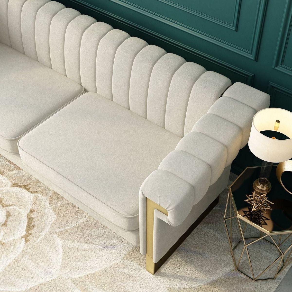 SOFA Modern Cream Velvet Sofa with Gold Accents - Sleek Channel-Tufted Upholstery, 3-Seat Couch for Living Room and Office Decor