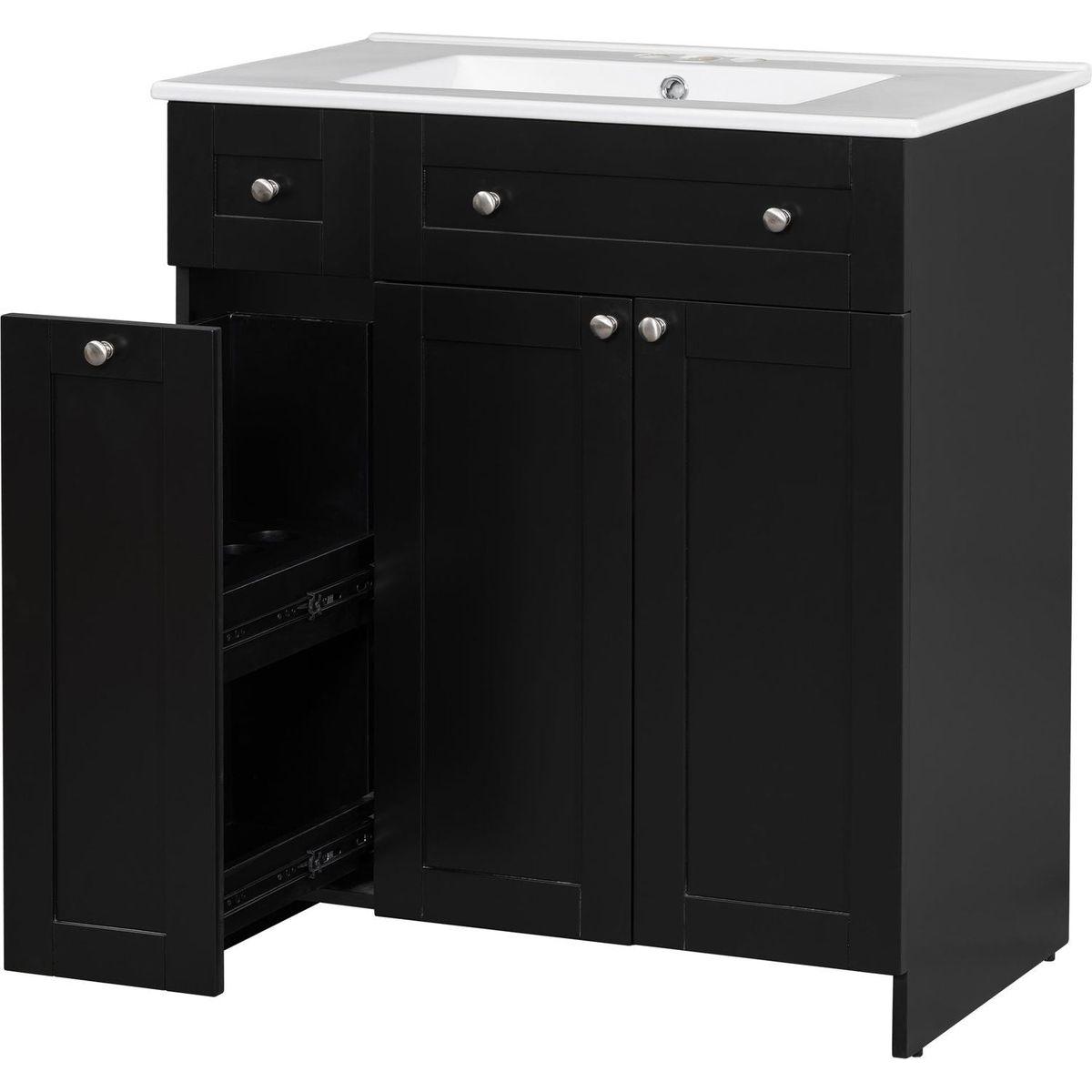 30-Inch Black Bathroom Vanity with Ceramic Sink Combo, Abundant Storage Cabinet - 2 Soft-close Doors and Double-tier Deep Drawer