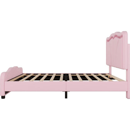 Full Size Upholstered Platform Bed with Curve Shaped and Height-adjustbale Headboard,LED Light Strips,Pink