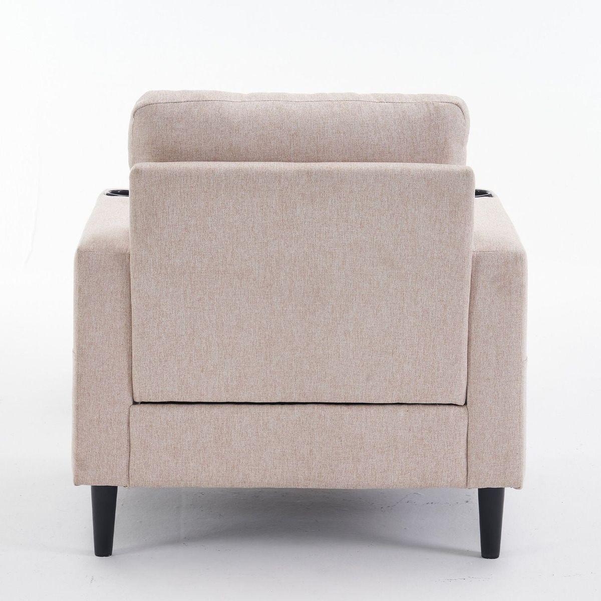 Beige Upholstered Armchair and Storage Ottoman Set - Comfortable Single Sofa with Cup Holders and Tufted Detailing, Ideal for Living Room or Bedroom