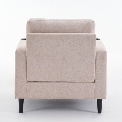 Beige Upholstered Armchair and Storage Ottoman Set - Comfortable Single Sofa with Cup Holders and Tufted Detailing, Ideal for Living Room or Bedroom