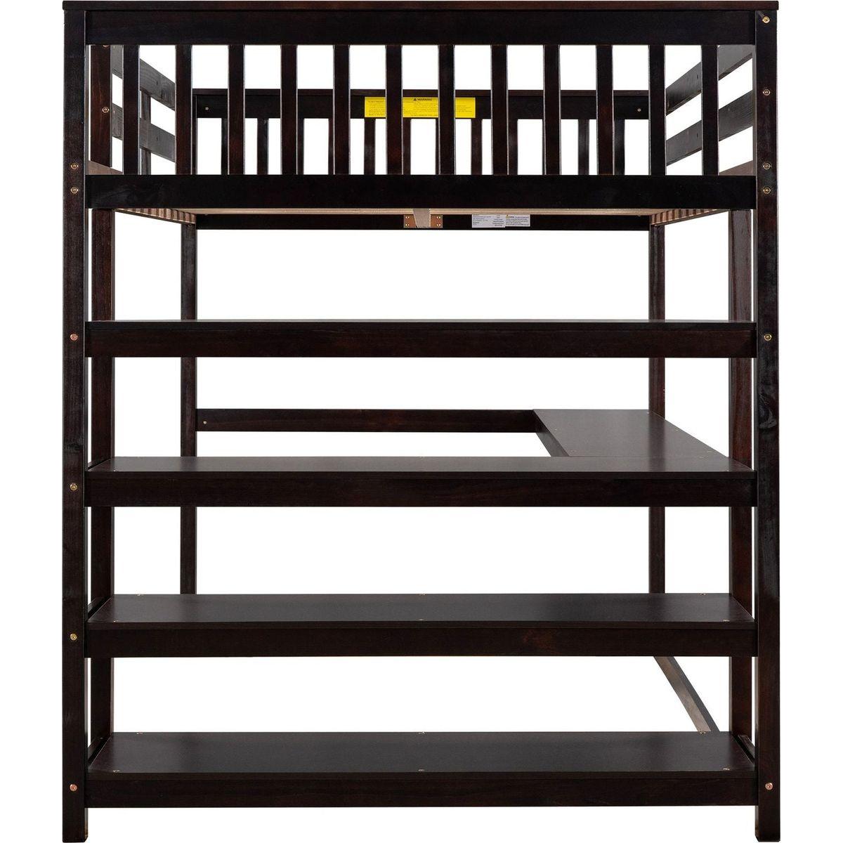 Full Size Loft Bed with Storage Shelves and Under-bed Desk, Espresso