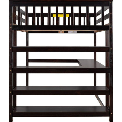 Full Size Loft Bed with Storage Shelves and Under-bed Desk, Espresso