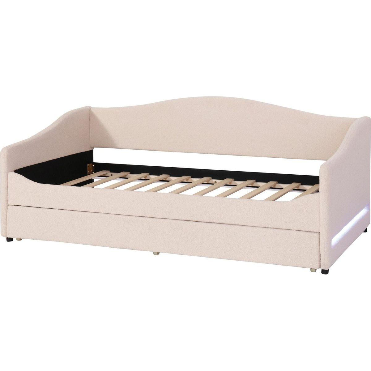 Teddy Fleece Twin Size Upholstered Daybed with Light and Trundle, Beige