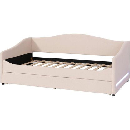 Teddy Fleece Twin Size Upholstered Daybed with Light and Trundle, Beige