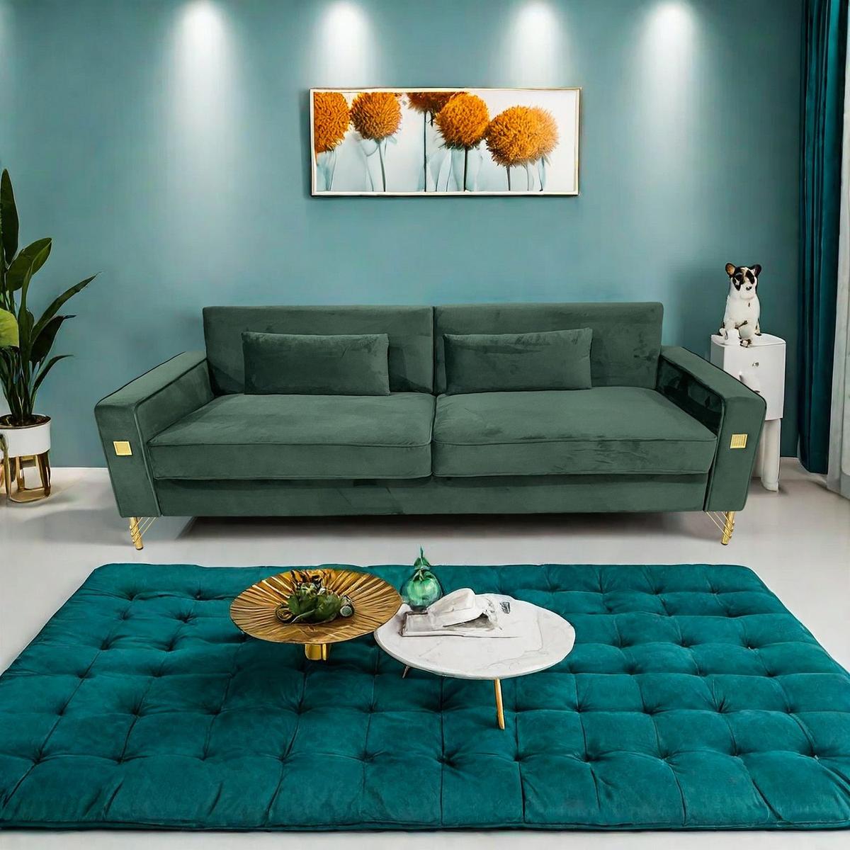 FX-P18-RG2(SOFA) Luxury Emerald Green Velvet Sofa with Gold Accents - Modern 3-Seat Couch with Plush Cushions, Perfect for Living Room and Office Decor