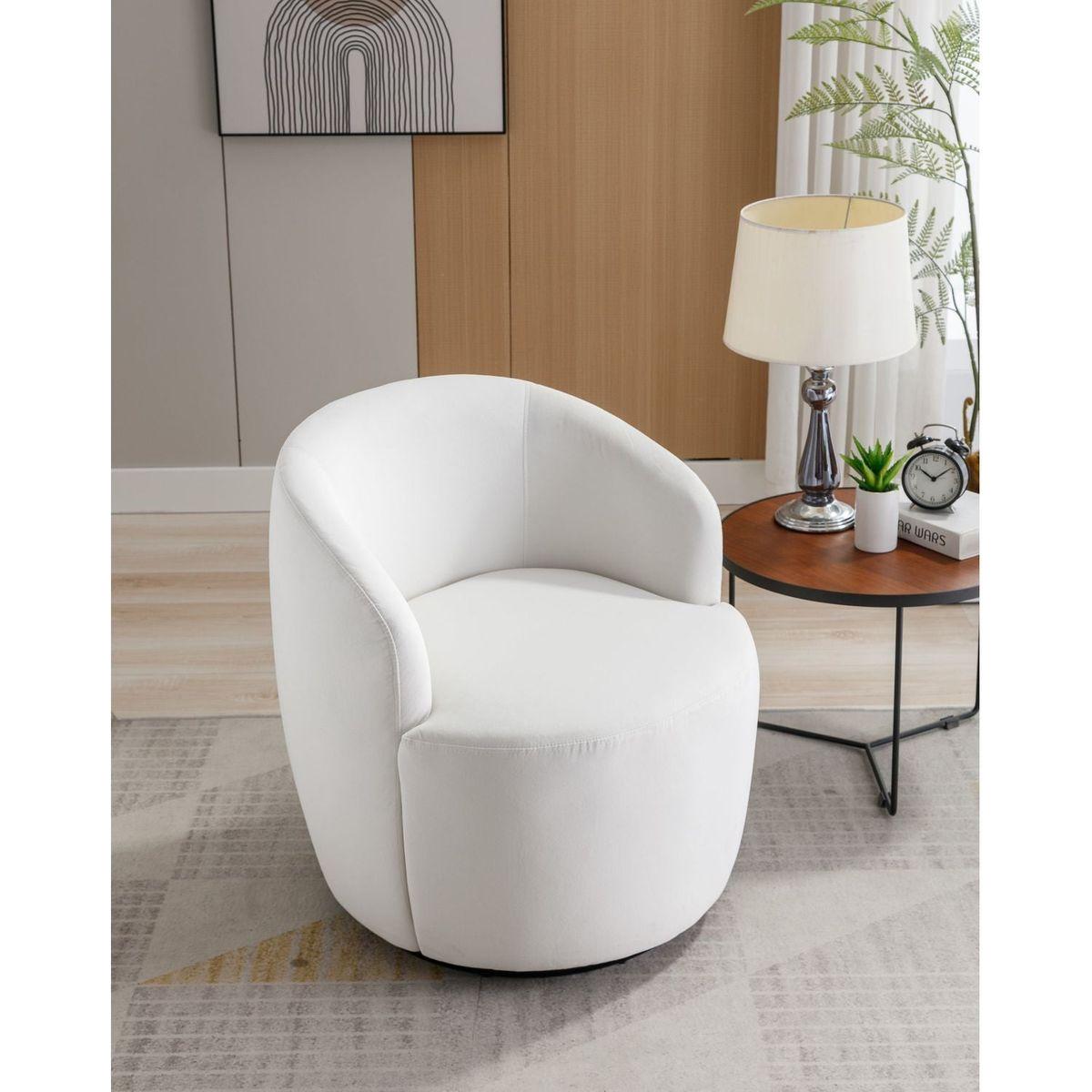 Velvet Fabric Swivel Accent Armchair Barrel Chair With Black Powder Coating Metal Ring,White