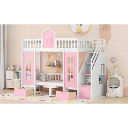 Twin-Over-Twin Bunk Bed with Changeable Table, Bunk Bed Turn into Upper Bed and Down Desk -Pink