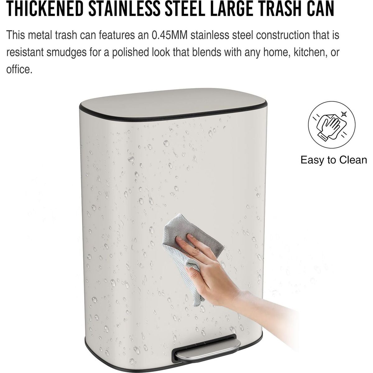 13 Gallon 50L Kitchen Foot Pedal Operated Soft Close Trash Can - Stainless Steel Ellipse Bustbin - White