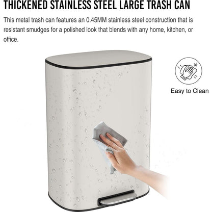 13 Gallon 50L Kitchen Foot Pedal Operated Soft Close Trash Can - Stainless Steel Ellipse Bustbin - White