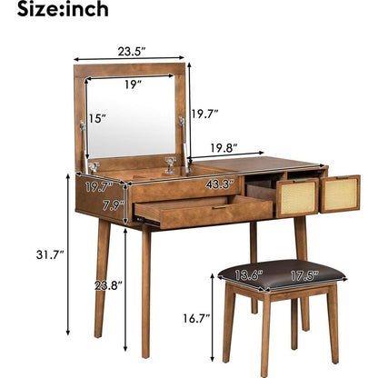 43.3" Classic Wood Makeup Vanity Set with Flip-top Mirror and Stool, Dressing Table with Three Drawers and storage space, Brown