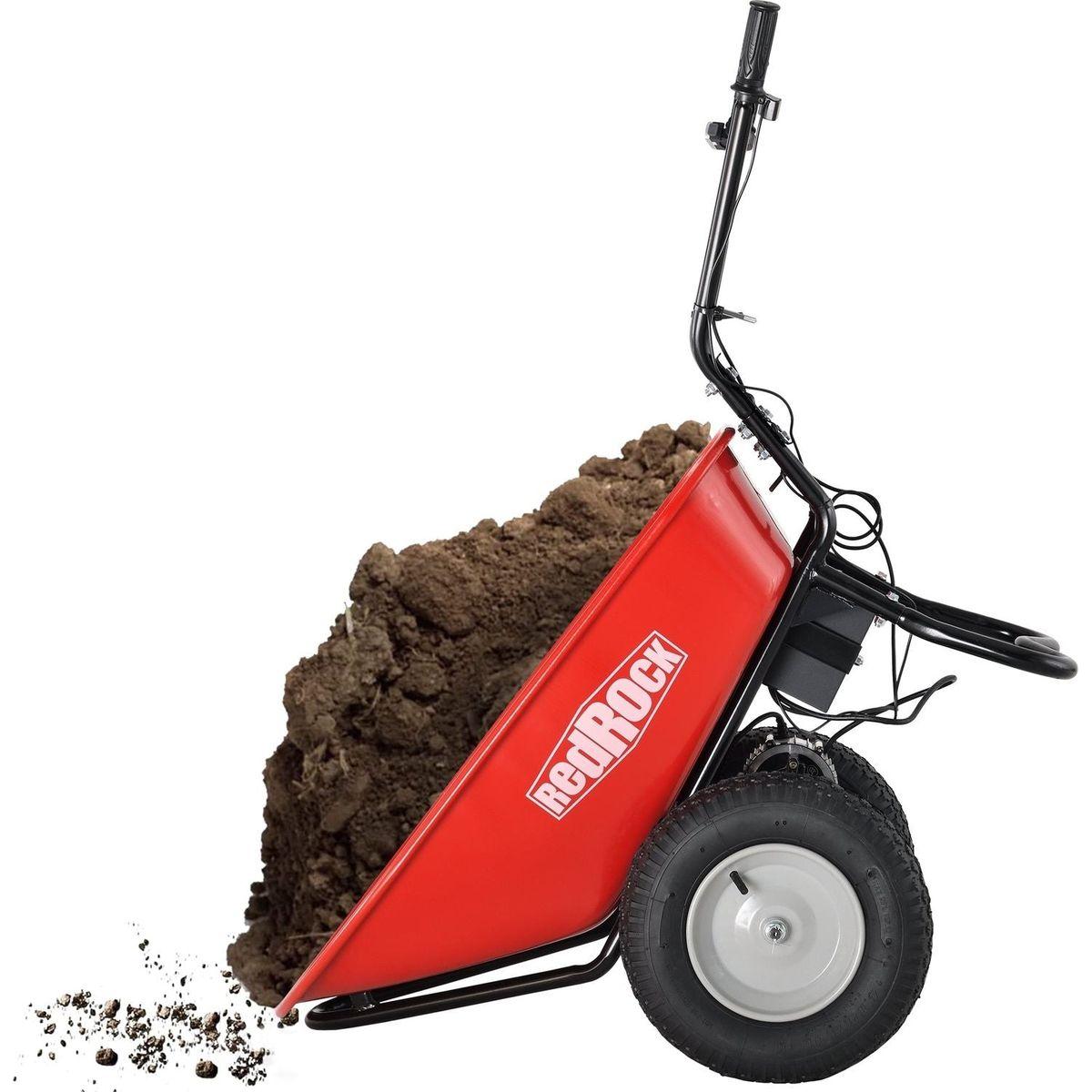 RedRock Wheelbarrow Utility Cart Electric Powered 24V DC 180W AGM Battery 330lbs (150kgs) Max Capacity Barrel Dump Material Debris Hauler