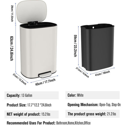 13 Gallon 50L Kitchen Foot Pedal Operated Soft Close Trash Can - Stainless Steel Ellipse Bustbin - White
