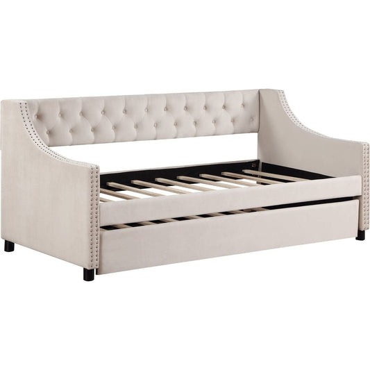 Daybed with Trundle Upholstered Tufted Sofa Bed, with Button and Copper Nail on Arms full Size Beige