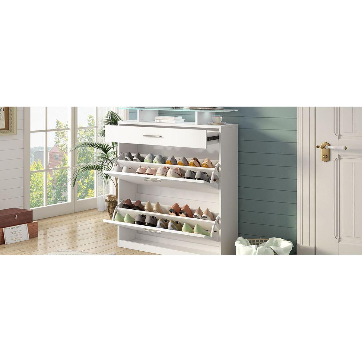 Slim Entryway Organizer with 2 Flip Drawers, Tempered Glass Top Shoe Storage Cabinet with Drawer, Free Standing Shoe Rack with LED Light for Hallway, White