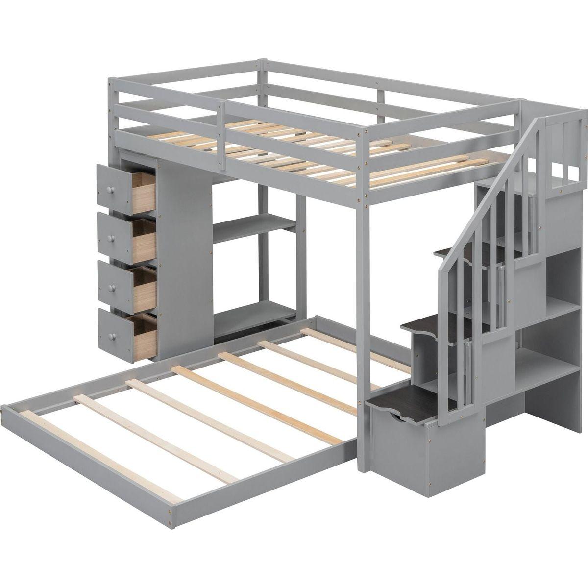 Twin Over Full Bunk Bed with 3-layer Shelves, Drawers and Storage Stairs, Gray