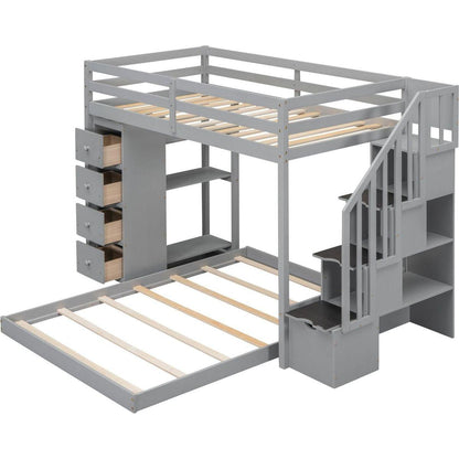Twin Over Full Bunk Bed with 3-layer Shelves, Drawers and Storage Stairs, Gray