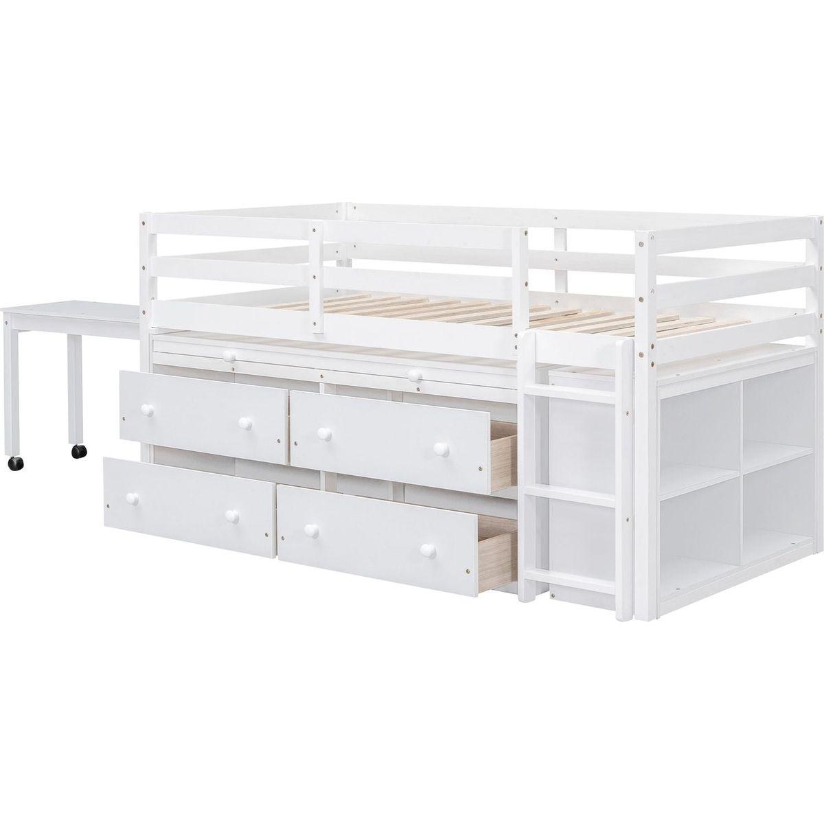 Twin Size Loft Bed with Retractable Writing Desk and 4 Drawers, Wooden Loft Bed with Lateral Portable Desk and Shelves, White